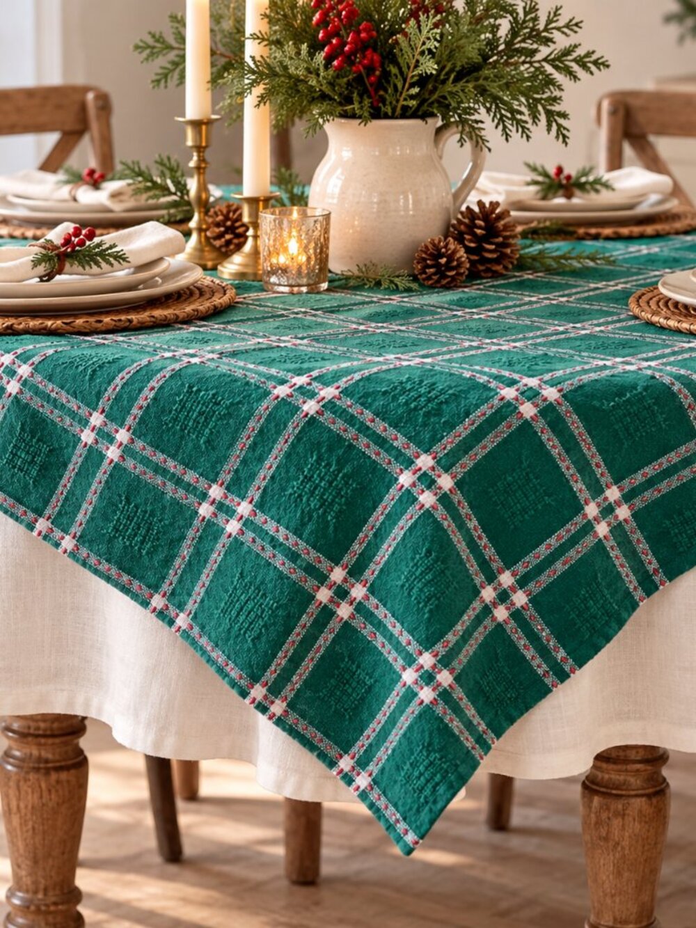 Green Plaid Christmas Holiday Tablecloth Overlay 46x48.5 Cotton Linen Feel